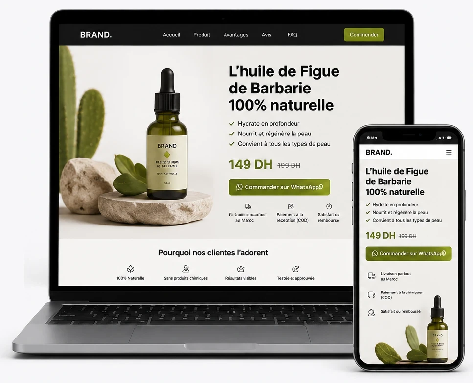 Maquette d’une landing page e-commerce en paiement à la livraison, sur ordinateur et sur mobile
