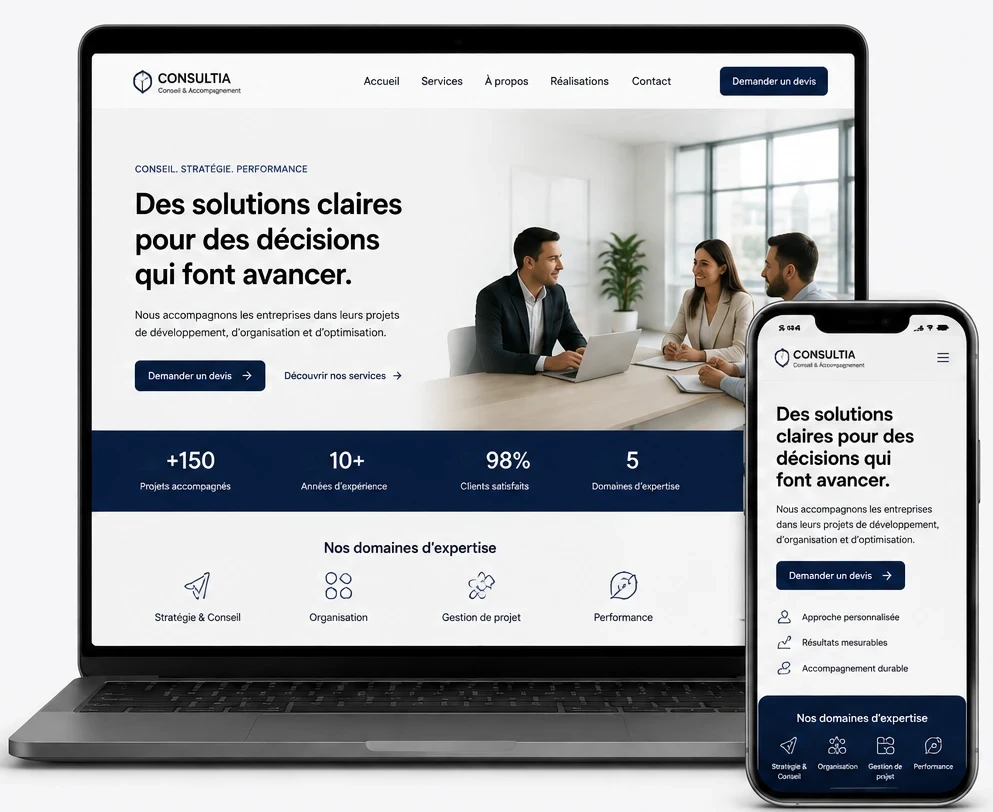 Maquette d’un site d’entreprise de services, sur ordinateur et sur mobile
